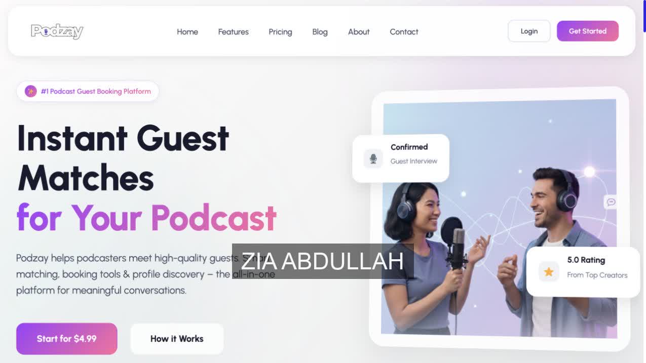Live Podzay homepage with a Zia Abdullah portfolio watermark